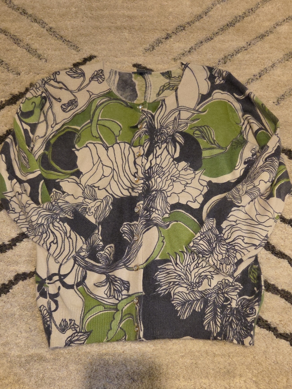 Ann Taylor Green, Black & White Floral Button-Up Cardigan